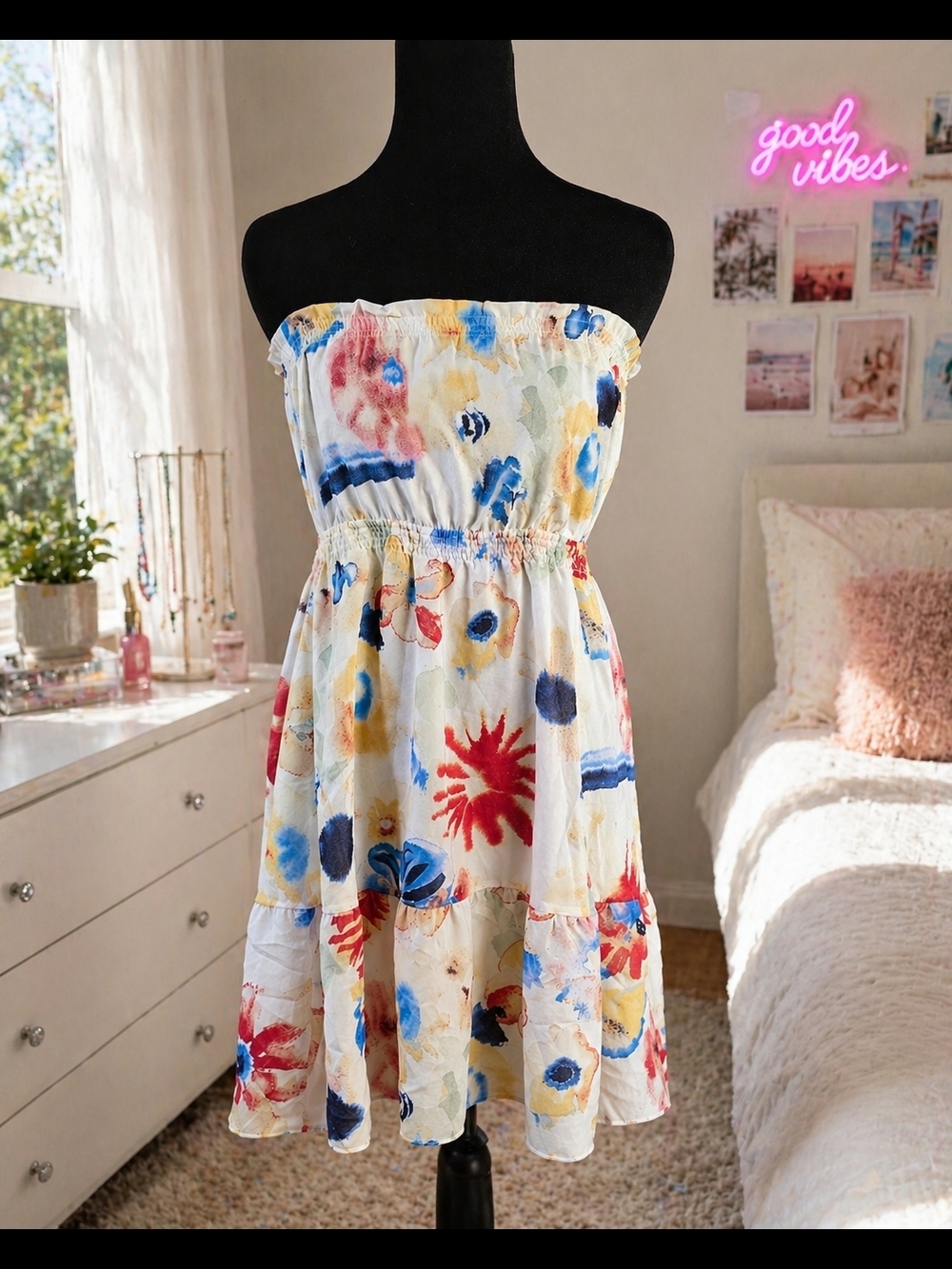 Quiksilver Floral Strapless Sun Dress Small Sheer Ruched Waist Lined Mini